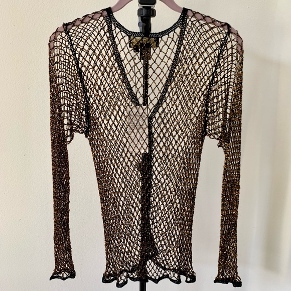 NWT Christine Phillipe Cali Couture Black & Bronze Beaded Crochet Knit Top Sz M - Picture 6 of 13